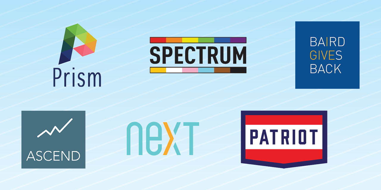 Baird Associate Resource Group logos: Prism, Spectrum, Baird Gives Back, Ascend, Next and Patriot